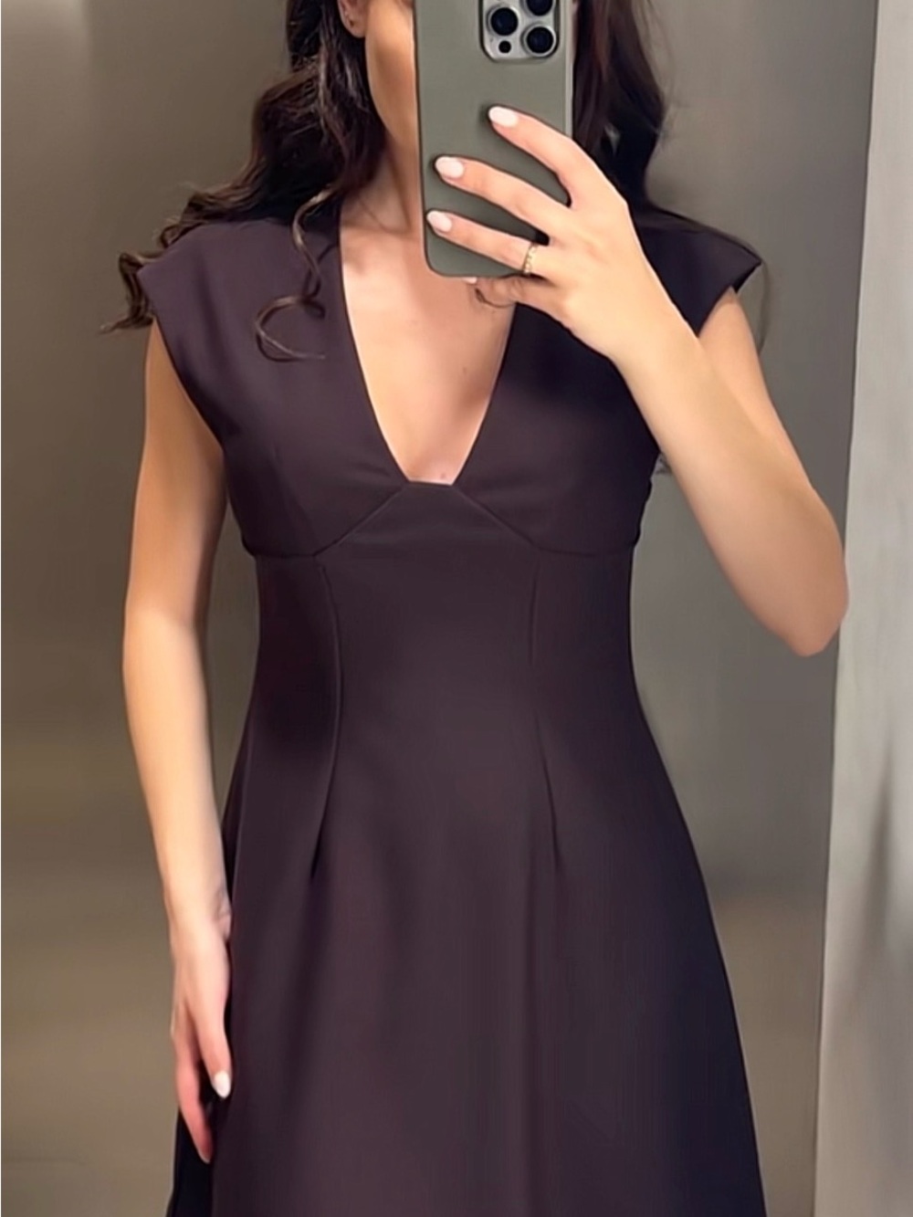 Zara Cap-Sleeve V-Neck Mini Dress in Dark Brown